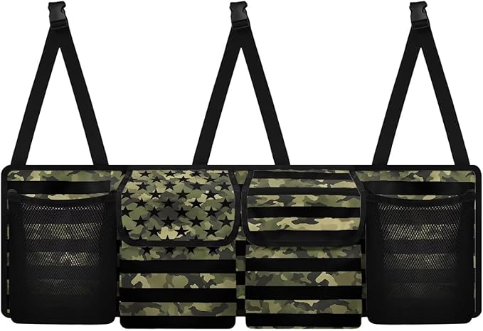 Car Trunk Organizer, American Flag Camo Large Capacity Backseat Trunk Organizer with Adjustable Straps, Backseat Hanging Car Storage Organizer Foldable Cargo Storage