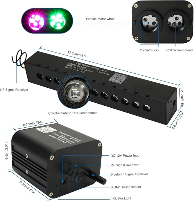 AKEPO 20W Twinkle Dual-Head Dual Color Fiber Optic Lights, Fiber Optic Colorful Meteor Light Kit Sound Activated APP/Remote Control for Car Starlights Headliner/Home 800pcs 13.1ft/4m Fiber Strands