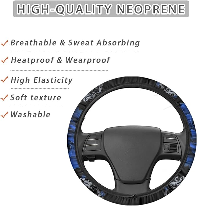 AFPANQZ Car Steering Wheel Covers Universal 15 inch Fit Almost Car Blue Rose Steering Wheel Covers Comfortable Soft Sweat Absorbing Steering Wheel Stretch-on Protector Cover Auto Decoration