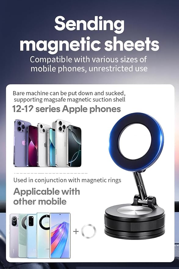 MagSafe Magnetic Car Phone Mount – Super Strong Suction Cup for Dashboard & Windshield – 360° Rotation – Secure Hold for iPhone, Samsung & All Smartphones – One-Hand Use | Fits All Cars