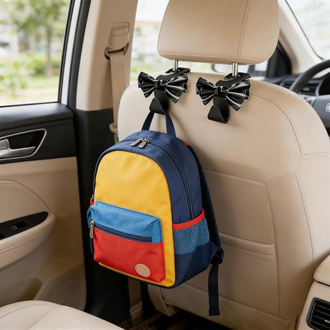2PCS Cute Bow Car Seat Headrest Hook, Multifunctional Backseat Storage Hanger for Purse Handbag Coat, Automotive Seat Back Bag Holder Organizer, Universal for SUV RV Truck (Black)