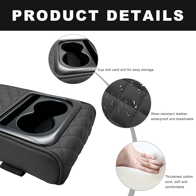 Car Center Console Armrest Pillow, 14"×8.3" Waterproof Leather Armrest Box Cover with Cup and Phone Holder, Soft Memory Foam Arm Rest Console Pad Protector for SUV Truck (Black, Embroidery)