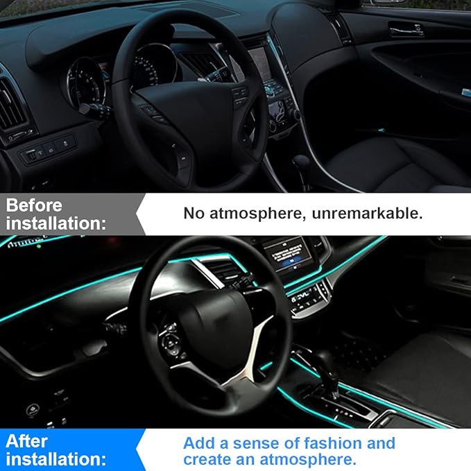 EL Wire Interior Car LED Strip Lights, 10FT/3M USB Auto Neon Light Strip with Sewing Edge, Electroluminescent Car Ambient Lighting Kits with Fuse Protection, Car Interior Accessories (Ice Blue/10FT)