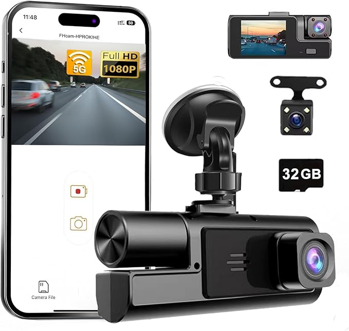 WiFi 1080P 3 Channel Dash Camera for Car Front and Inside Dashcam Car Security Video Recorder,170°Wide Angle Vehicle Cam,WDR,G-Sensor,Loop Recording,Night Vision (WiFi 3Channel Dash Cam With 32G Card)