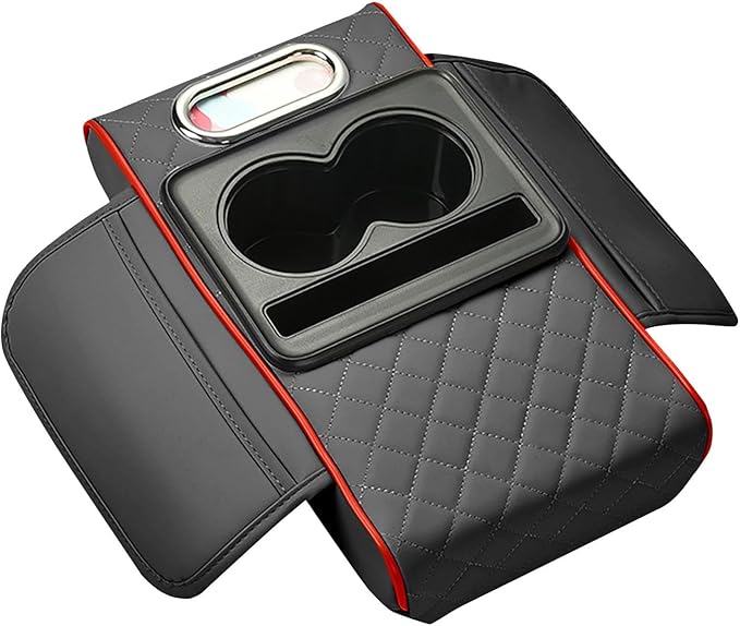 Car Armrest Cushion, 5-in-1 Center Console Cover with 2 Storage Bags Cup Holder, Cup Holder Tissue Slot Phone Slot for Car, Universal Car Armrest Box Cover Protection Pad for Most Vehicles (E)