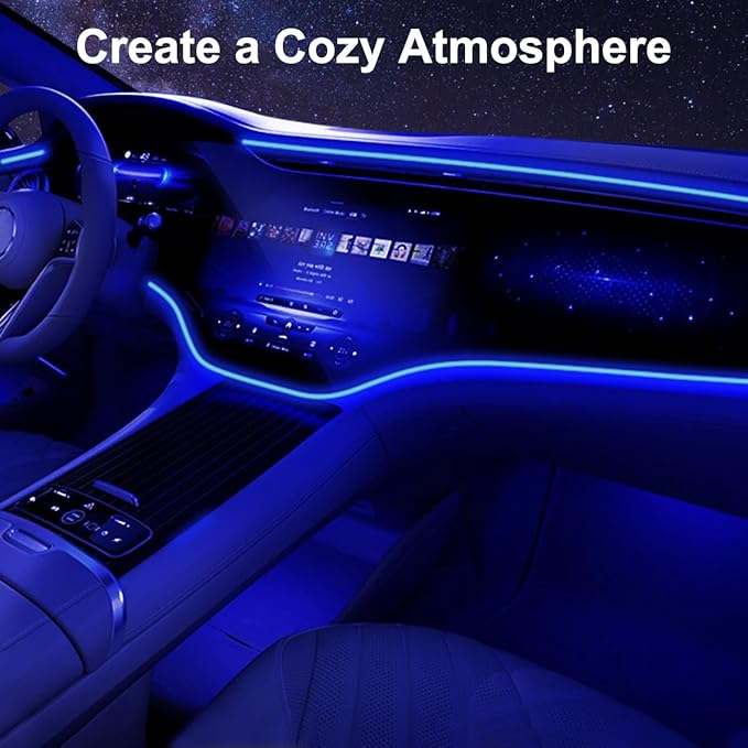EL Wire Interior Car LED Strip Lights, 16.5FT USB Neon Glowing Strobing El Wire Strip with 6mm Sewing Edge, Ambient Lighting Kits for Car Inside Decorations (Blue)