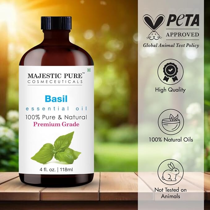 Majestic Pure Essential Oil with Glass Dropper - 100% Pure and Natural - Essential Oils for Diffuser, Aromatherapy, Soap and Candle Making, Basil Essential Oil, Basil Oil, 4 Fl Oz
