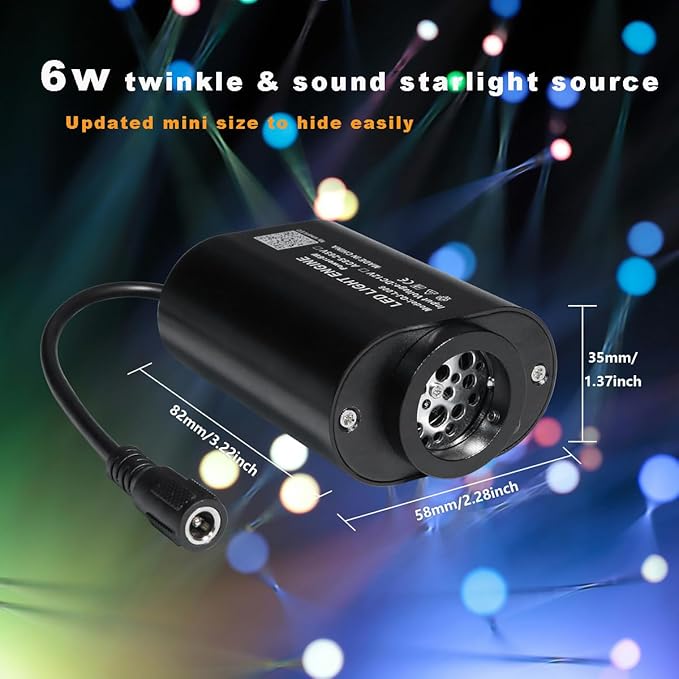 AMKI Mini 6W Starlight Headliner Kit 500pcs 0.03in 9.8ft,Twinkle+Sound Activated Fiber Optic Light 4Lamp Beam Starlight Box APP/Remote Control for Car Home Star Ceiling Decoration