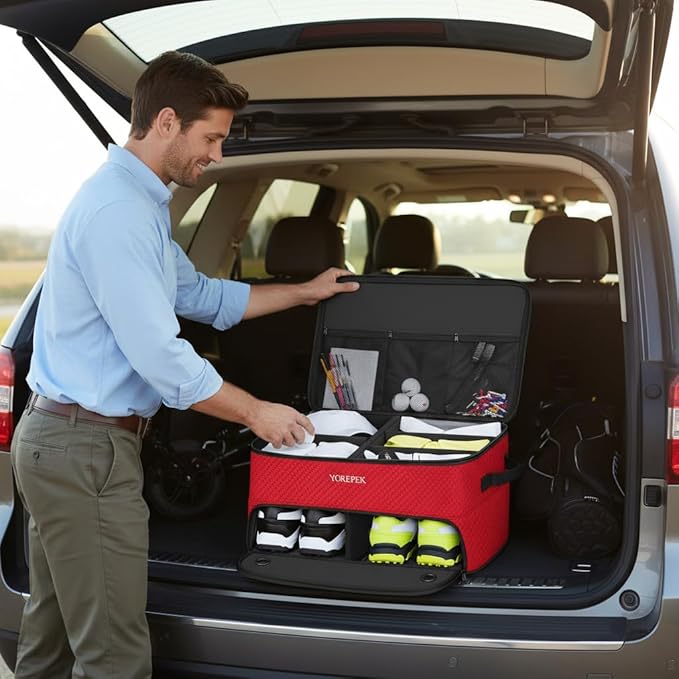 YOREPEK 2 Layer Golf Trunk Organizer, Golf Gifts for Men with Separate Ventilated Compartment for 2 Pair Shoes, Waterproof Car Trunk Locker for Balls, Tees, Clothes, Gloves, Gifts for Golfers