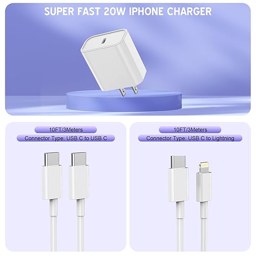 Extra Long 10FT iPhone Fast Charger,i Phone Charger Fast Charging【MFi Certified】2Pack 20W PD Fast USB C Charger Block + 10Foot i Phone Charging Cable Cord for iPhone 15/14/13/12/11/XS/XR/SE2022/8/iPad