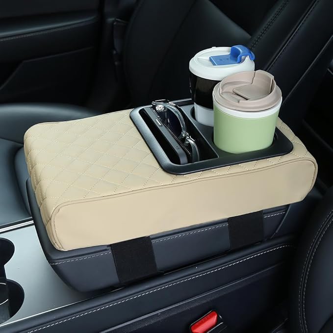 Supin Car Armrest Cushion - Multifunctional Faux Leather Armrest Cushion with Cup Holder, Phone Storage, and Ergonomic Design for All Seasons (Beige)
