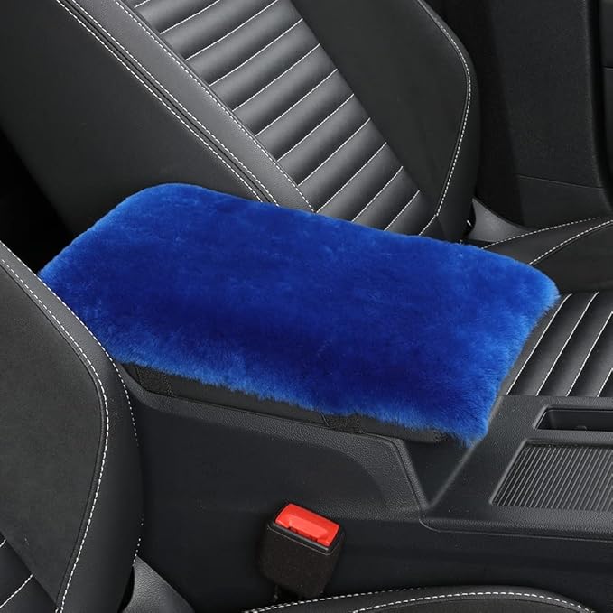 Sheepskin Armrest Cover Auto Center Armrest Cover Car Soft Console Pad, Fluffy Wool Auto Center Console Cover for Most Car Arm Rest Decoration Protector 7 x 13 Inch (Shearling, Blue)