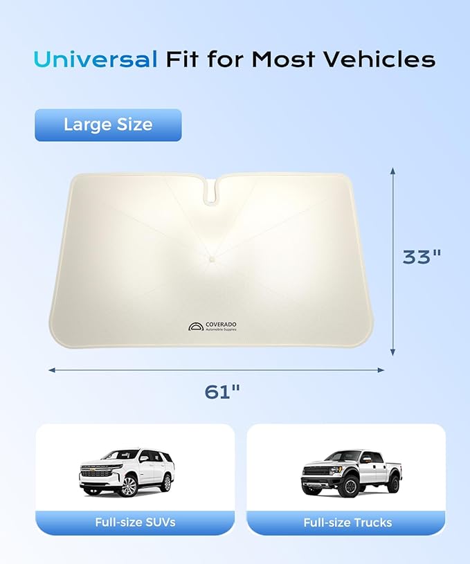 [2025 Upgrade]Coverado Sunshade for Car Windshield, UPF80+ Full-size Trucks/SUVs Windshield Sun Shade Blocks Heat & UV Rays, Thickened Vinyl Coating Keep Cool and Protect Interior, Foldable L 61”x34”