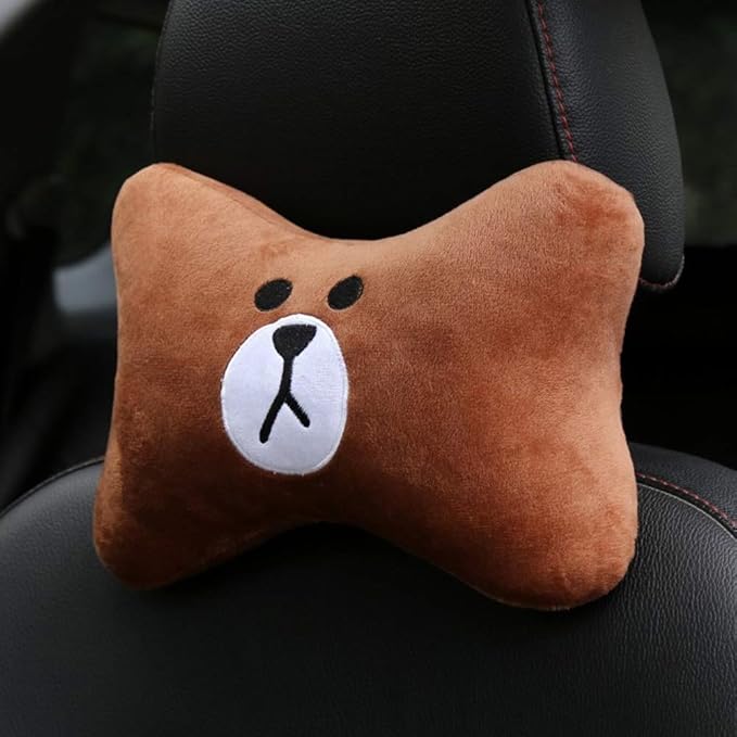 CHERISH Car Neck Pillow - 2 Pack Cute Bear Headrest Support Cushion, Soft & Comfortable Car Seat Accessory, Universal Travel Headrest for Car & Home Use (Brown)