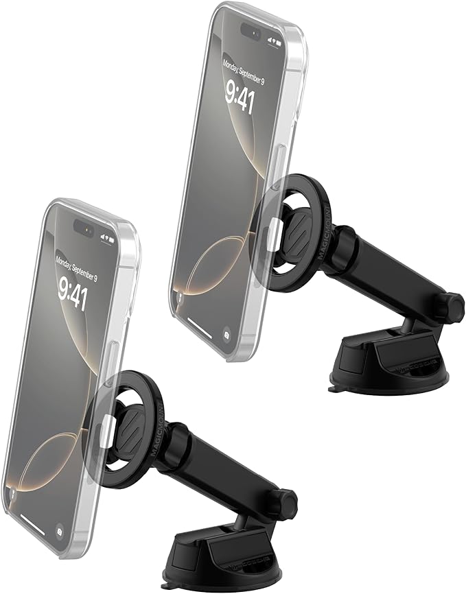 Scosche MagSafe Car Mount, Suction Cup Magnetic Windshield/Dashboard Cell Phone Holder with Vent Clip & Adjustable Flip Arm Compatible with PopSocket, iPhone 17/16/15/14/13/12, Samsung Galaxy, 2-Pack