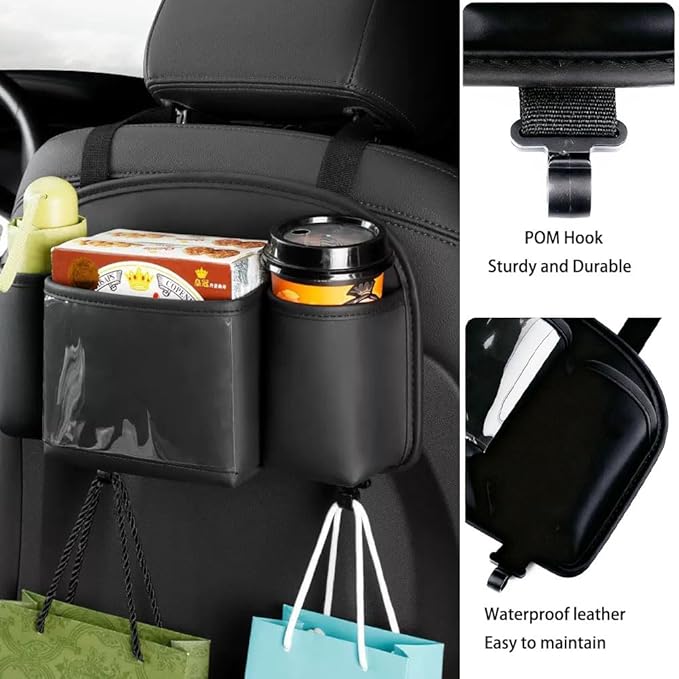 Car Organizer Back Seat,Waterproof Leather Car Seat Storage Bag Foldable Universal Hanging Seatback Organizer for Kids & Adults Travel road Trip Essentials