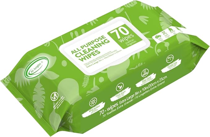 Air Jungles All Purpose Cleaning Wipes 70 Count, Extra Large 8" x 10" Heavy Duty for Car Interior, Kitchen, Bathroom, Gym Equitment, Tools - Non-Toxic Safe for Multi-Surface