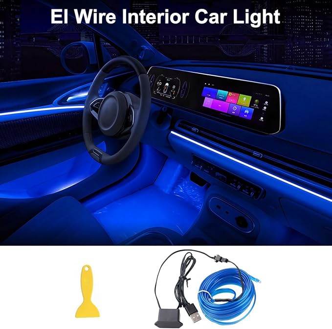EL Wire Interior Car LED Strip Lights, 16.5FT USB Neon Glowing Strobing El Wire Strip with 6mm Sewing Edge, Ambient Lighting Kits for Car Inside Decorations (Blue)