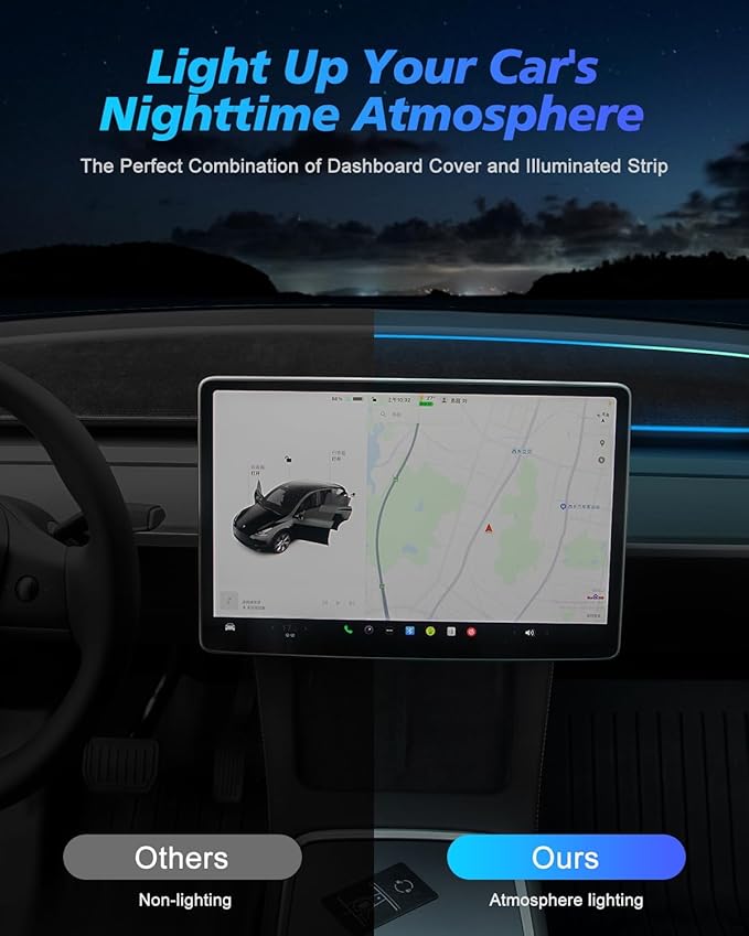 EVDANCE 2025 Upgrade Tesla Model 3/Y Accessories Dashboard Cover, LED Ambient Lighting Anti - Glare Sun Protection Dash Mat for Model 3 Y 2016-2024 [No Fit 2025 Y Juniper], Interior Tesla Accessories