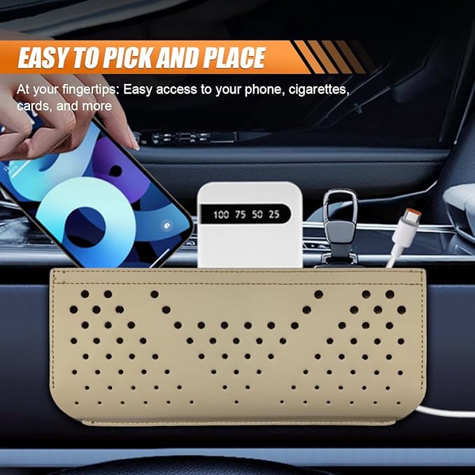Car Seat Side Pocket Organizer, Multifunctional Mini Console Storage Bag for Phone, Keys, Sunglass, Wallet, PU Leather Tray Pouch Car Organizer Accessories for Seat, Door, Window, Console (Beige)