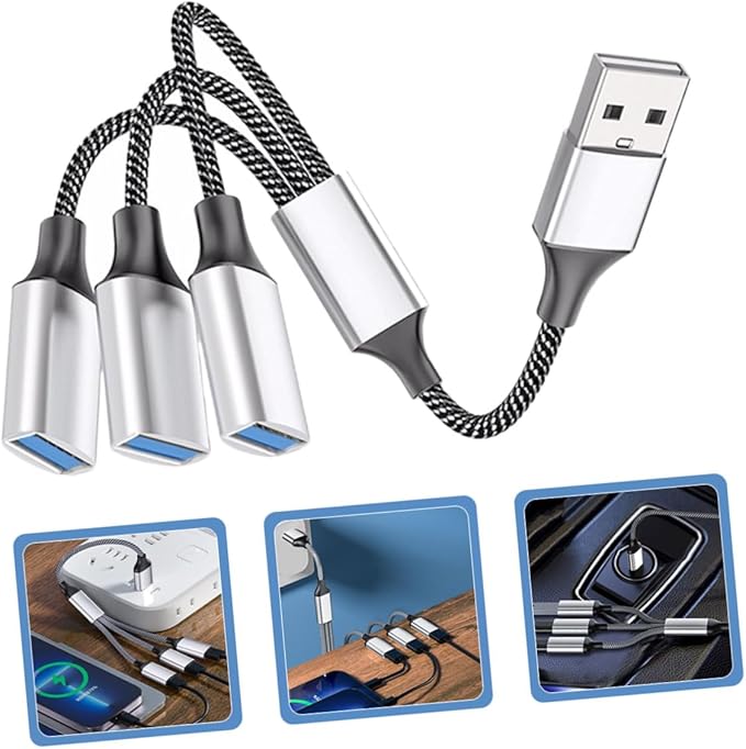 Kisangel USB Splitter Hub Multi-Port Extension Cable Adapter for Computers and Cars Silver USB Power Splitter with Fast Transmission and Wide Compatibility No Driver Needed Port Expander