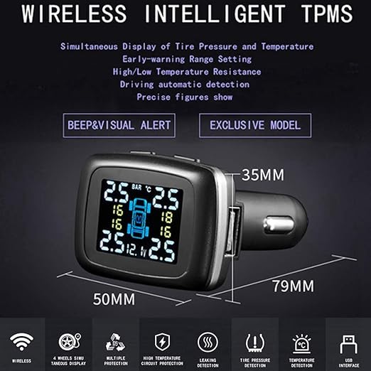 Car TPMS Kit, Universal Car Intelligent TPMS Cigarette Lighter Tire Pressure Monitoring System with 4 Internal Sensors