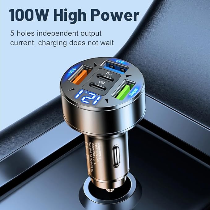 5 in 1 Multi Port USB C Car Phone Charger Adapter with Voltage, 100W Super Fast Charging Car Cigarette Lighter USB Charger for iPhone 16 15 14 13 12 11 Samsung Galaxy, iPad Pro and More