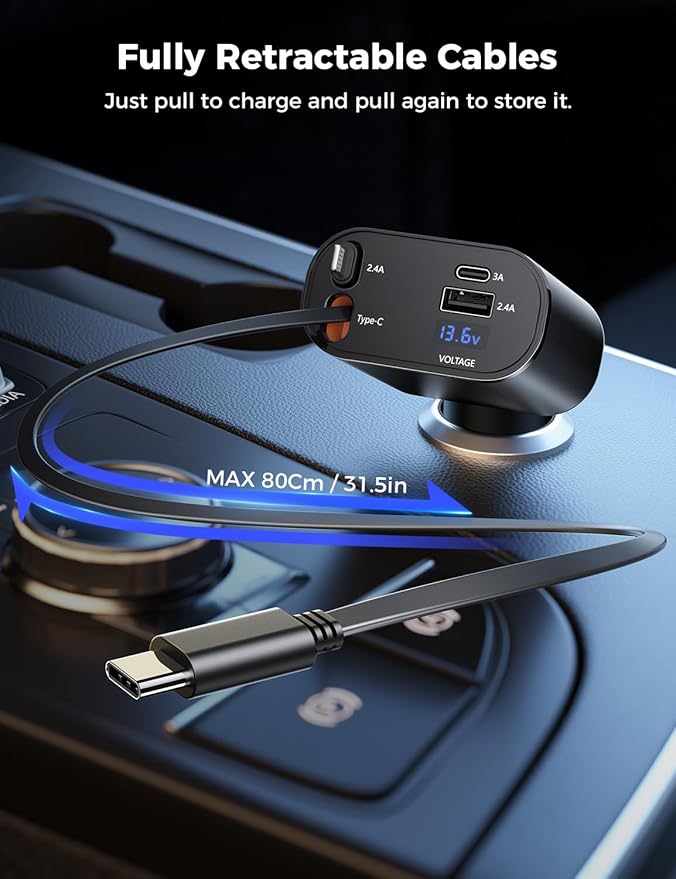 SUPERONE Retractable Car Charger for iPhone with Dual Type C Cables, 4 in 1 USB C Car Charger Adapter with 69W Fast Charging Compatible with iPhone 17 16 15 14 13 12 11 Pro/XS/XR/SE/iPad/Airpods