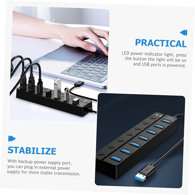 OSALADI USB Hub Individual Off Port USB Splitter for Laptop and Computer High-Speed Data Transfer Led Indicator Thick Core Cable for Power Supply