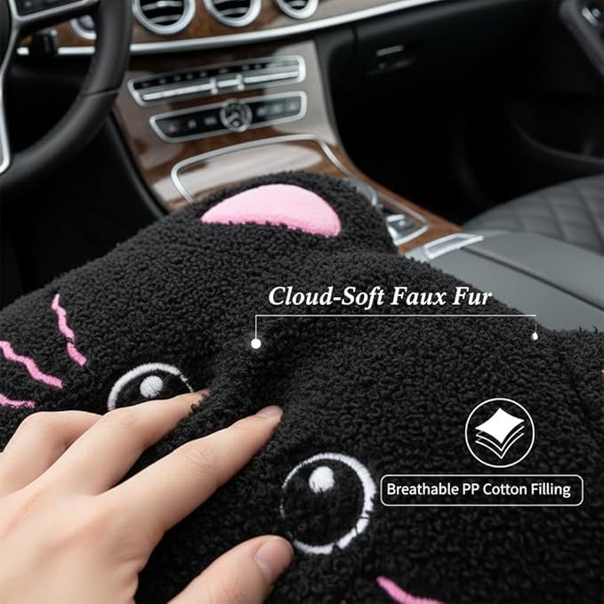 Cute Plush Black Cat Car Seat Headrest and Lumbar Support Pillow Set, Soft Neck Cushion for Driving Comfort, Set of 2