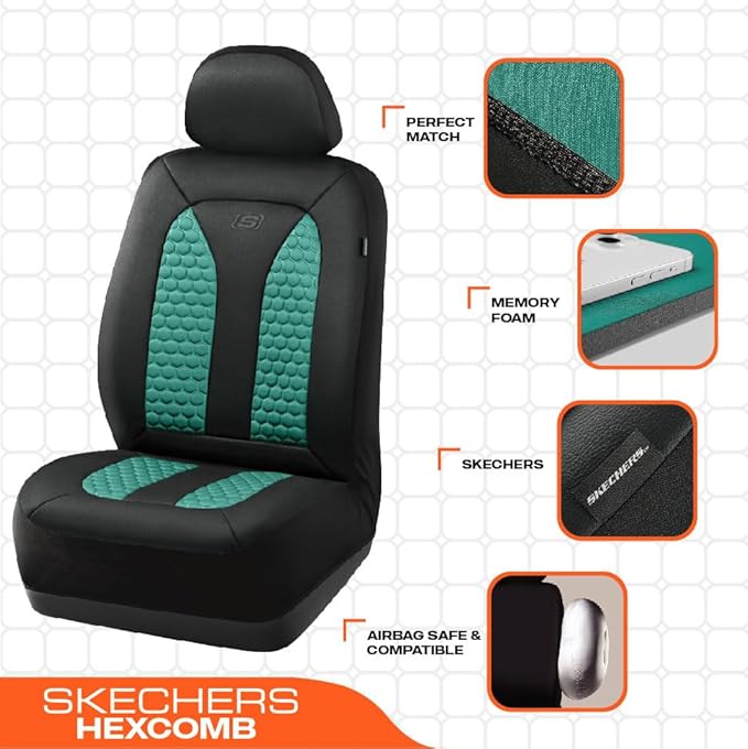 Skechers Memory Foam™ Car Seat Cover Full Sets, Hexcomb Breathable Thick Seat Covers, Airbag Compatible, Automotive Comfort & Protection for Most Cars,Van,Trucks, SUVs (Green,Full Set)