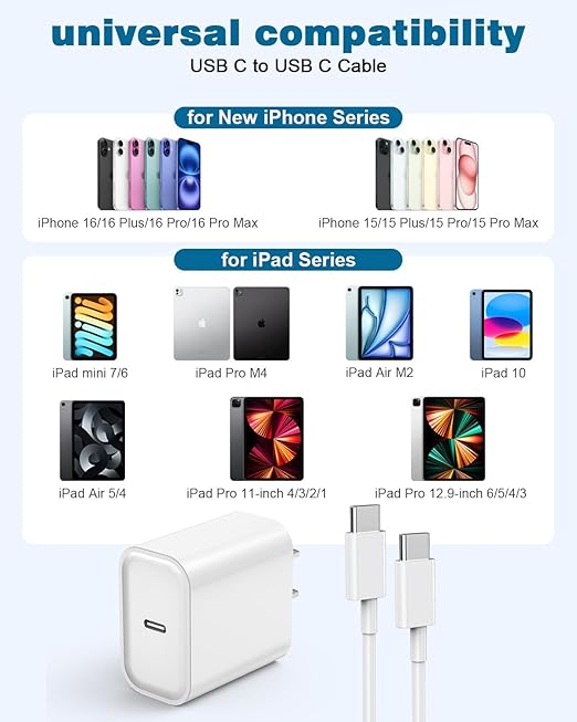 Fast Charger for iPhone 17/16/15 Charger,iPhone 16/15 ChargerFast Charging Type C USB C Wall ChargerBlock Adapter 10FT USB C Charging Cable Cord for Apple iPhone 17 16 15 Pro Max/15 Plus/iPad Pro/Air