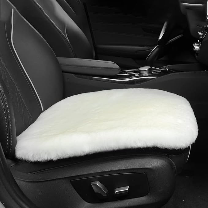 Genuine Sheepskin Auto Seat Pad, Soft Wool Seat Cover Breathable and Sweat-Wicking Universal Fit,19.2 inch x19.2 inch (Front seat Cushion 2pcs & Rear seat Cushion 1pc, Ivory White)