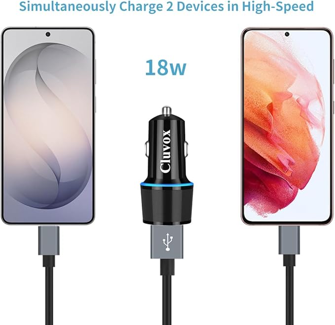 Fast USB Car Charger for Samsung Galaxy A56/A55/A54/A53/A50/A17/A16/A15/A14/S26/S25/S24/S23/S22/S21 Plus/Ultra/Note 20/A21/A31/A51 Quick Charge 3.0 Dual USB Rapid Car Charger with Type C Cable 3.3ft