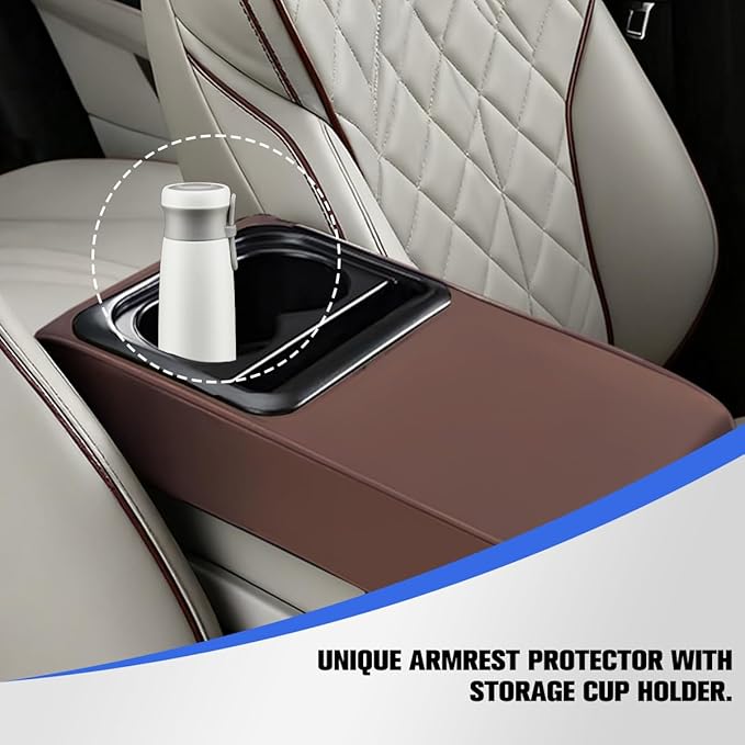 Car Center Console Armrest Pillow, Vehicle Armrest Seat Box Cushion Pad with Cup Holder & Phone Holder, Comfortable Auto Middle Console Cover, Universal for SUV RV Truck (Coffee)