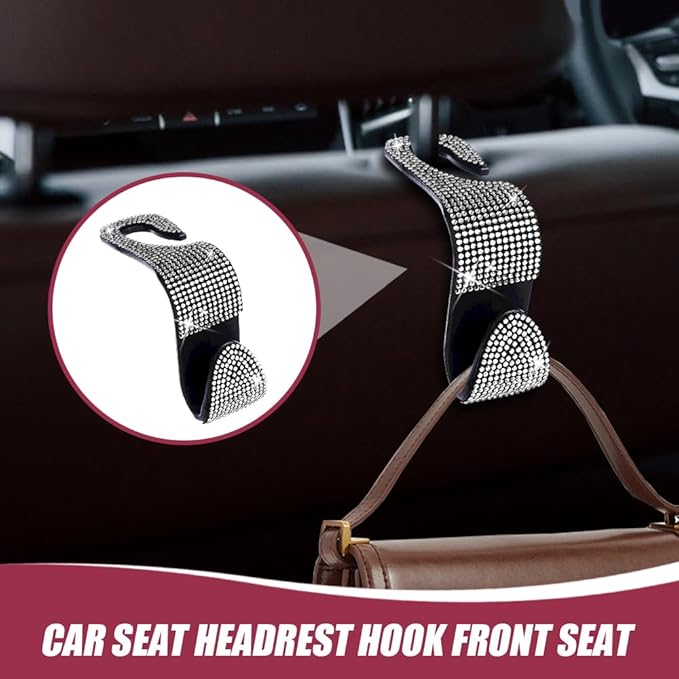 2 Pack Car Seat Headrest Hook, Bling Car Hooks Front Seat, Back Seat Organizer Hanger Storage Hook Car Purse Hook for Bags, Clothes, Coats, Grocery Bags (White)