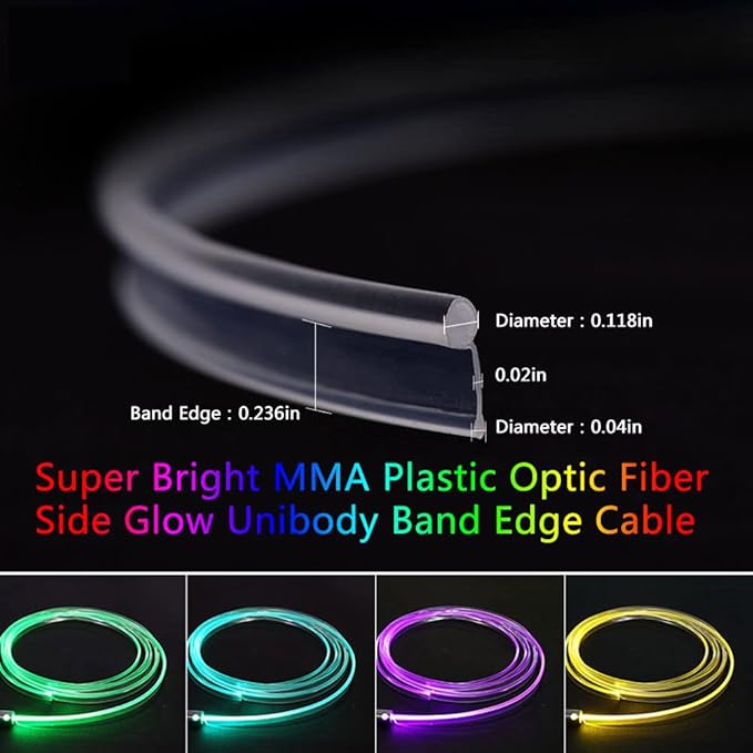 Super Bright MMA Plastic Optic Fiber Side Glow Unibody Band Edge Cable Car LED Illumination Optic Fiber Band Car Interior Atmosphere Lights (3.28ft)