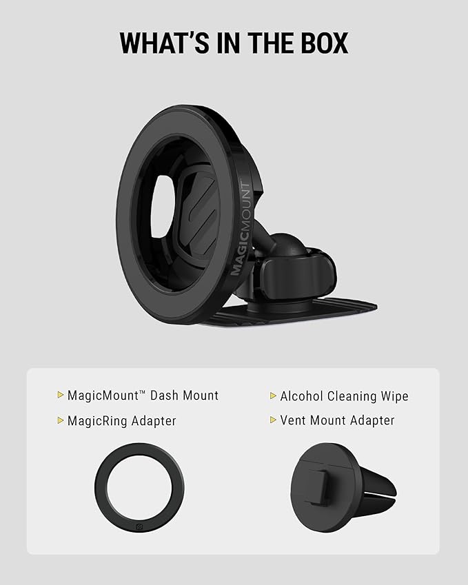 Scosche MagSafe Car Mount, Magnetic Phone Holder for Car Dashboard & Vent with 360° Rotation, 2-in-1 Cell Phone Mount for iPhone 17/16/15/14/13 & More w/MagicRing Adapter, Compatible with PopSockets