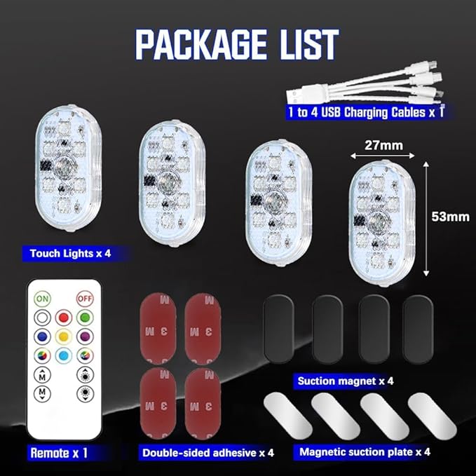 4Pcs LED Interior Car Lights with Remote,7 Colors Sync to Music Ambient Lighting Car Interior with 6 Bright LED Lamp Beads,Portable USB Rechargeable Car Interior Led Night Light for Car Decoration