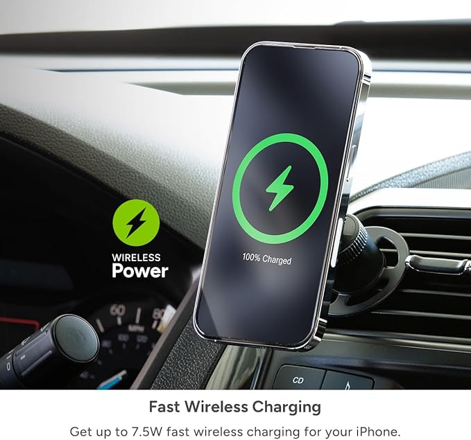 Mophie Snap+ Wireless Charging Vent Mount – MagSafe Compatible, Fast 7.5W Charging, Universal Fit, Adjustable Arm, Secure Twist-Lock, Compatible with iPhone 16, 15, 14, 13 & 12 Series, Black