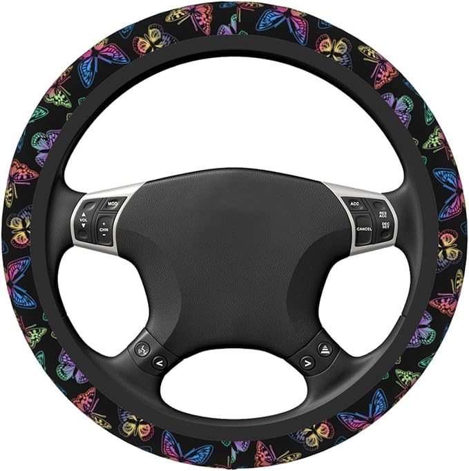 Colorful Butterfly Steering Wheel Cover Women Men Elastic Stretch Soft Car Wheel Protector Universal Breathable No-Slip Car Accessories for Truck Van SUV Auto Fit 14-15 Inches