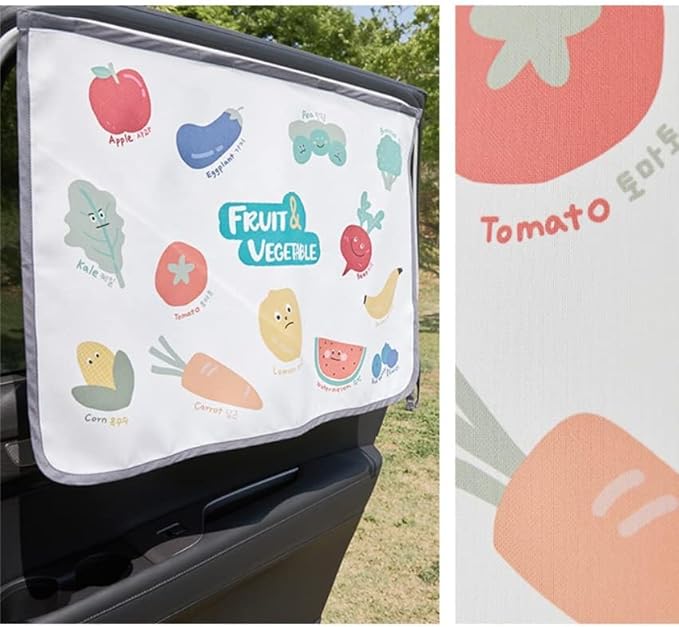 Magnetic Car Sun Shade Curtain for Side Window – Sun Blocker and UV Protector for Baby, Kids, and Pets – Universal Fit with Built-in Magnets for Steel-Framed Door (Vegetable Friends)