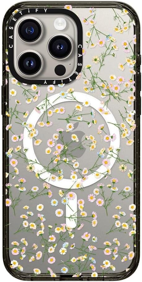 CASETiFY Impact iPhone 15 Pro Max Case [Slim/Compatible with Magsafe / 8.2 ft. 4X Military Grade Drop Protection] - Pressed Flowers Dainty - Clear Black