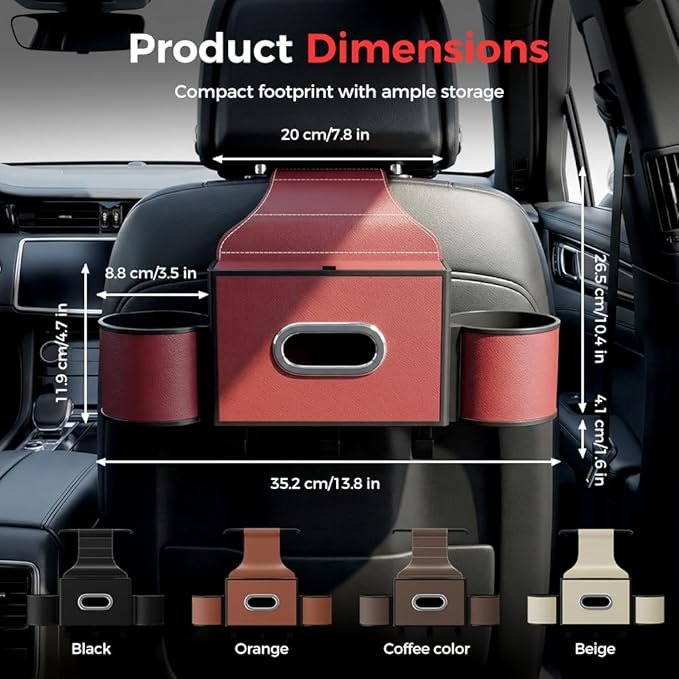 3-in-1 Car Backseat Organizer with Cup Holder, Tissue Box, Trash Bin & Hooks,Multifunctional Back Seat Car Organizer for Hold Phones,Snacks,Drinks,and Handbags (A- Red)
