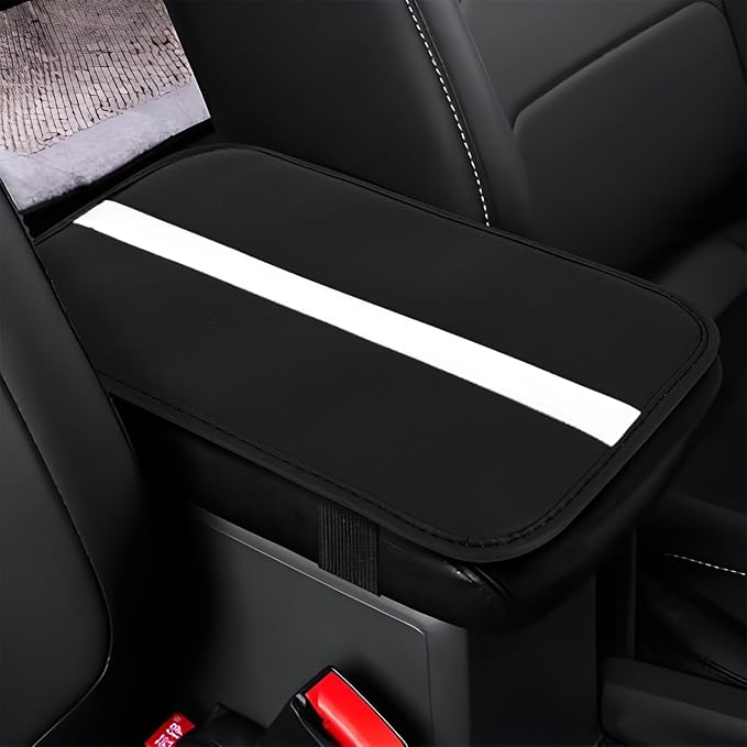 wuyaoyao Car Center Console Cover, 12.6"×7.87" PU Leather Armrest Cover for Cars, Stylish Auto Armrest Cushion Pad, Waterproof Vehicle Arm Rest Protector, Interior Car Accessories (Black+White)