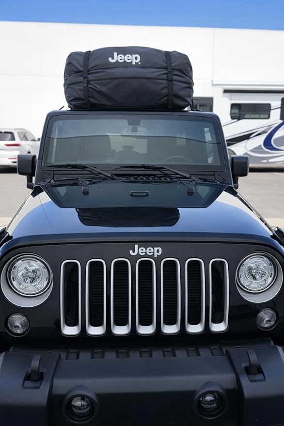SR1 Performance USA Waterproof Rooftop Cargo Bag – Car Roof Carrier for Cars/SUVs with/Without Rack, Includes Non-Slip Mat, Heavy-Duty Straps, Lock for Secure Travel Storage (15 Cubic Feet, Jeep Logo)