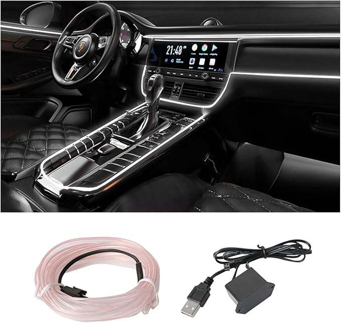 EL Wire LED Strip Lights, USB Auto Neon Light Strip with Sewing Edge, 16FT Electroluminescent Car Ambient Lighting Kit with Fuse Protection, Car Decoration Accessory (White/16FT)