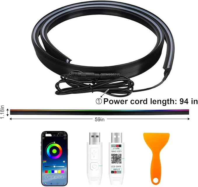 59" RGB LED Strip Lights for Car Interior,16M Colors RGB Front Windshield Ambient Lighting Kits, Music Sync, Easy Plug & Play Installation, Cuttable, Wide Compatibility