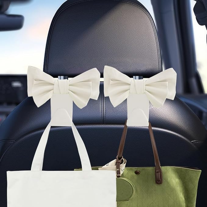 2PCS Car Purse Hooks, Car Hooks for Purses and Bags Cute, Cute Bow Shaped Vehicle Backseat Storage Hanger, Auto Leather Bow Back Seat Storage Hanging Holder Universal for Women Girls (White)