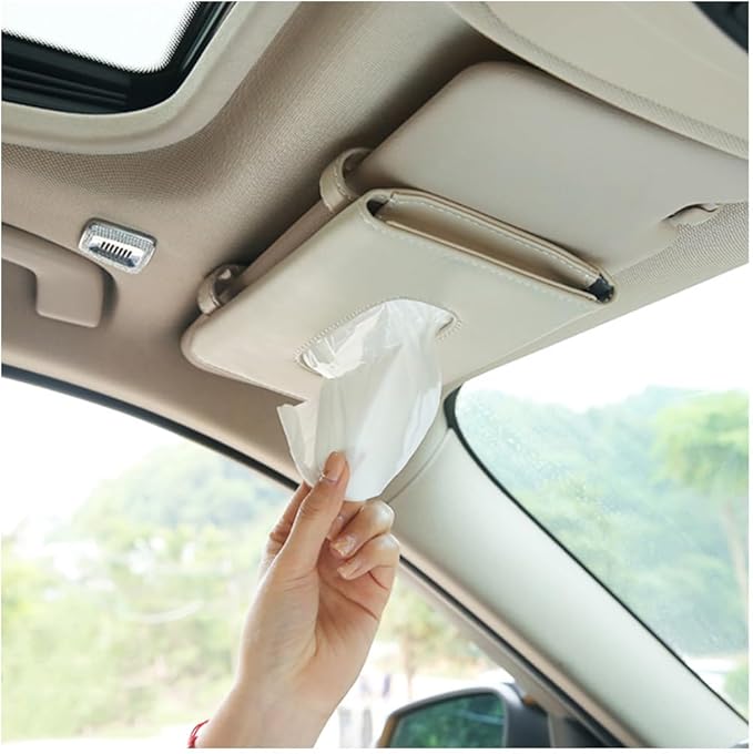Car Tissue Holder, Sun Visor Napkin Box, Auto Napkin Case with Tissues Refill, Paper Towel Dispenser, Vehicle Interior Accessories Universal for Car SUV Pickup Truck-Beige